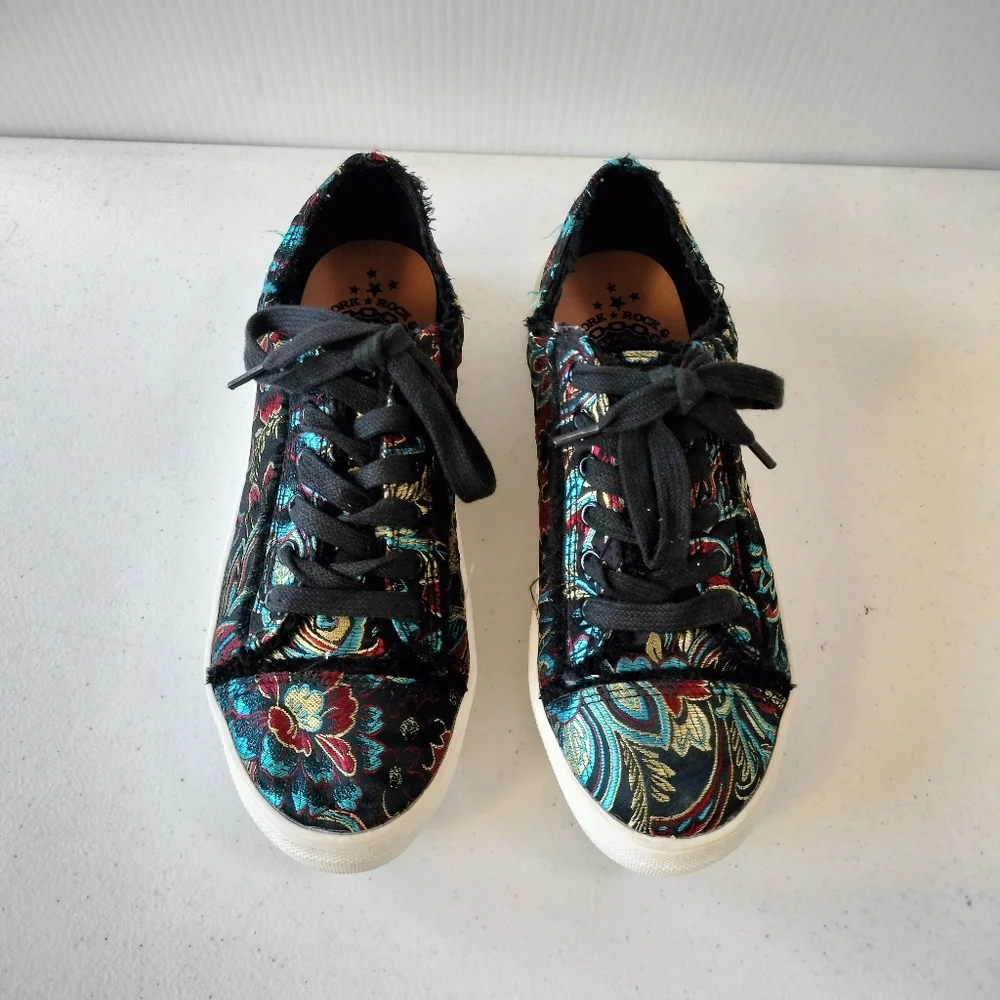 Rock & Candy Silky Black Floral Brocade Frayed Edges Sneakers 7 Goth Rock Artsy
